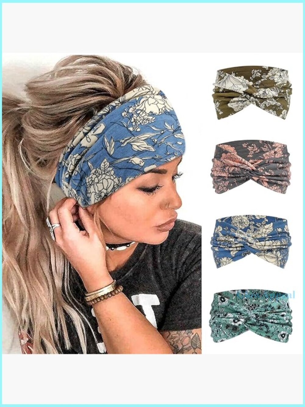 Wide Elastic Headbands 4-Pack Yoga Workout Sweatband Floral Print Hair Wrap